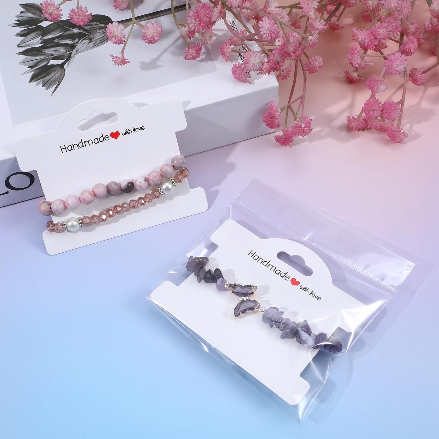 Piriuuo 50 Pcs Bracelet Display Cards with Clear Bags, Bracelet Packaging for Small Business Jewelry Display Card Handmade with Love Jewelry Tags for Selling Hair Ties, Bracelets, Necklace (White)