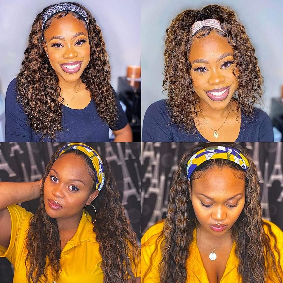 Highlight Deep Wave Wigs Human Hair 20 Inch Ombre Curly Headband Wig Human Hair Wigs for Black Women Human Hair Non Lace Front Wigs Brazilian Virgin Hair Brown Glueless Wear and Go Wigs Blonde