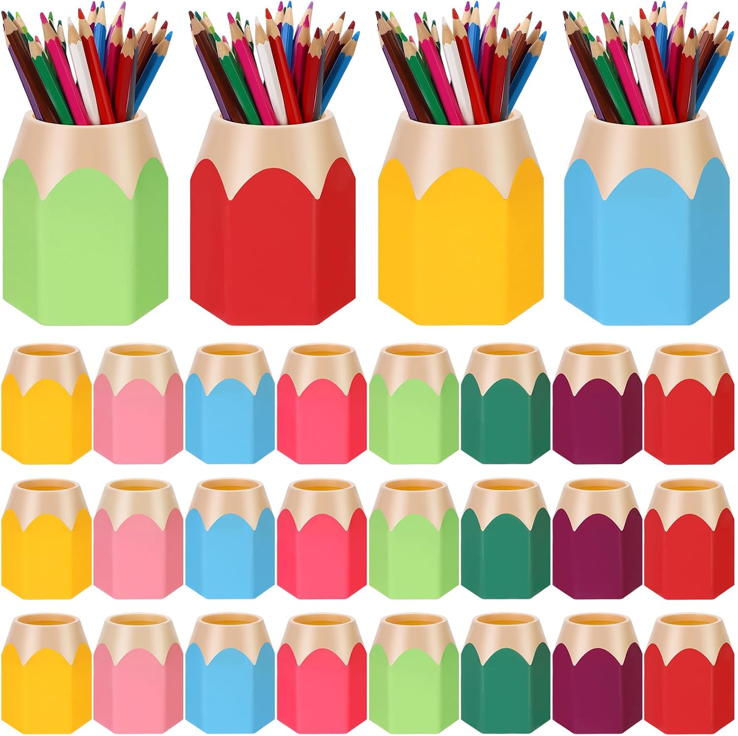 24 Pcs Pencil Shaped Pen Holders Plastic Pencil Holder Desktop Pen Cups Colorful Pencil Storage Organizer Cute Penci-l Pot Makeup Brush Container for Desk School Office Home Table Decoration