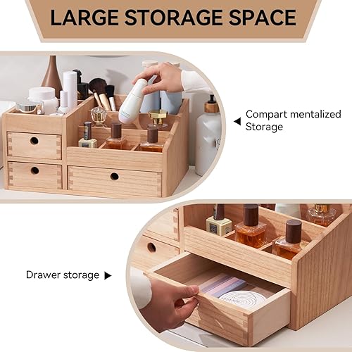 Miniatura 5 de KIRIGEN Organizador de maquillaje de madera con gabinete de almacenamiento, organizador de cosméticos de mesa, caja de almacenamiento de joyas,