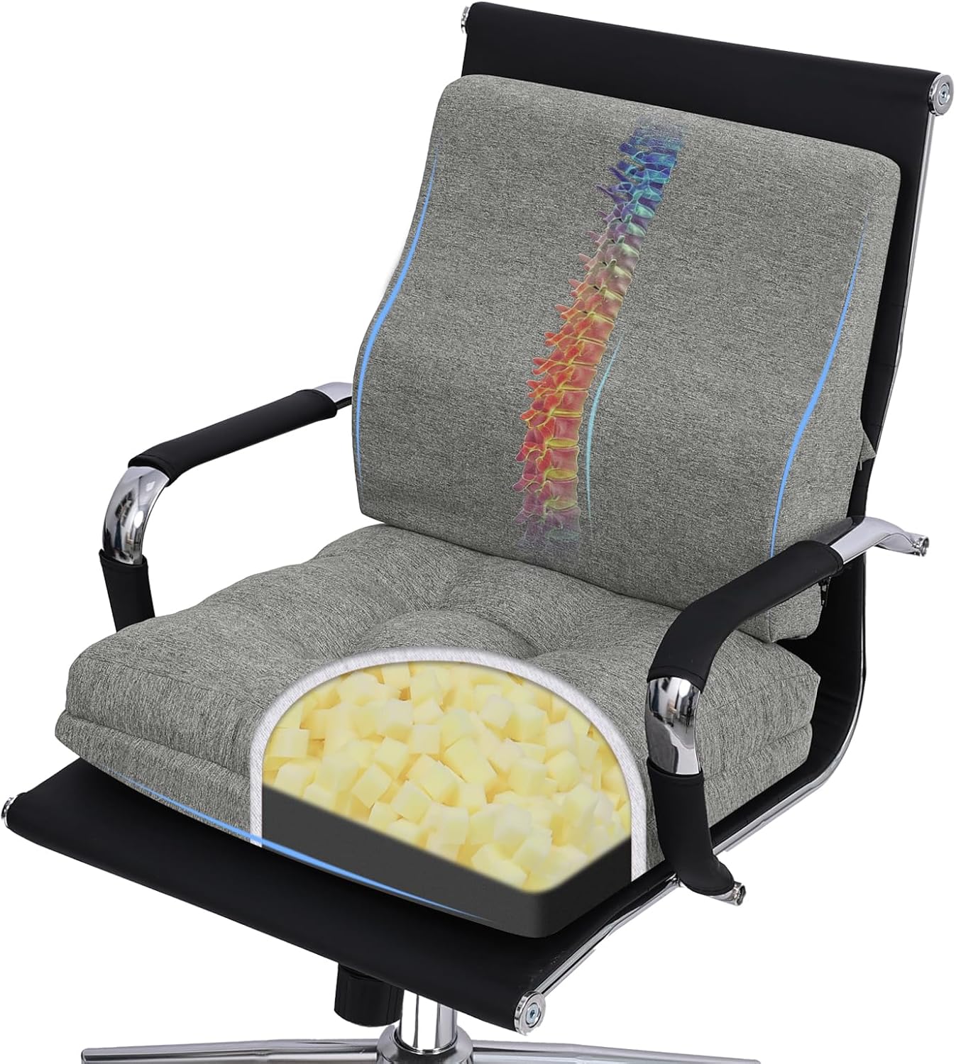 Baibu zitkussen en lendensteunkussenset, dual-layer memory foam voor bureaustoel, rolstoel, autostoel, gamingstoel, grijs