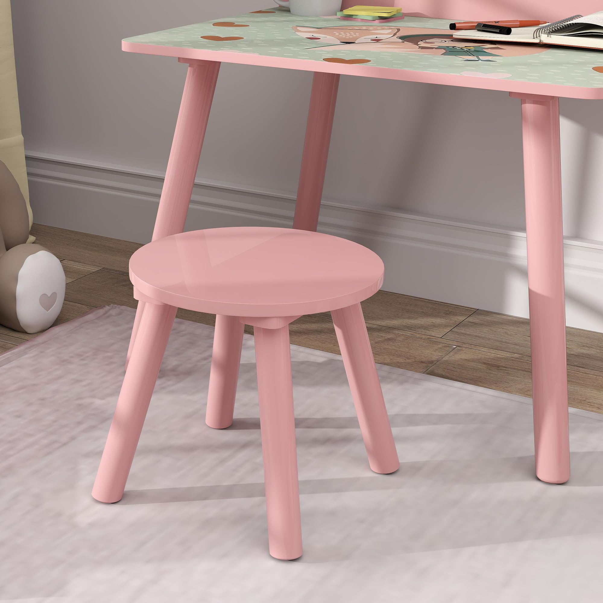AIYAPLAY Ensemble Table et Chaise Enfant Table pour Enfant avec Chaise avec Porte-Livres Motifs d'ours pour Enfants 3-8 Ans pour Chambre à Coucher, Salon, Salle de Classe, Rose
