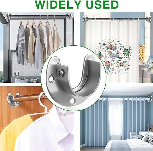 Miniatura 6 de Soporte de barra de armario resistente, paquete de 2 enchufes de brida en forma de U de acero inoxidable para varillas de 1-12 pulgadas, soportes de