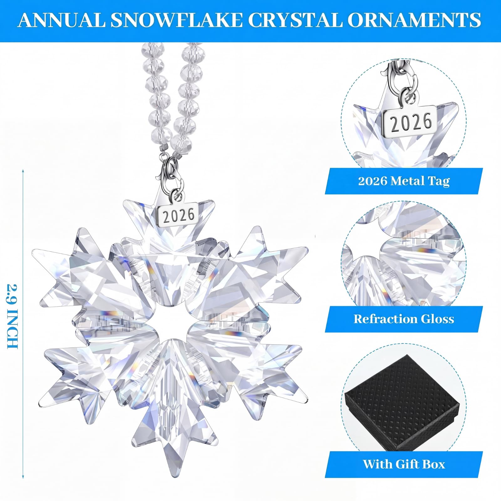 Remerry Lot de 4 décorations de Noël à suspendre en forme d'étoile et de flocon de neige en cristal transparent avec perles, chaîne, ruban et boîte cadeau pour fête de Noël (transparent)
