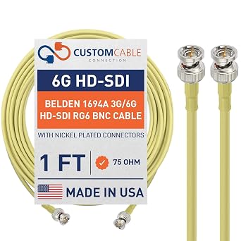 Custom Cable Connection 1 Foot Belden 1694A 6G HD-SDI RG6 BNC Cable 75 Ohm Yellow Jacket