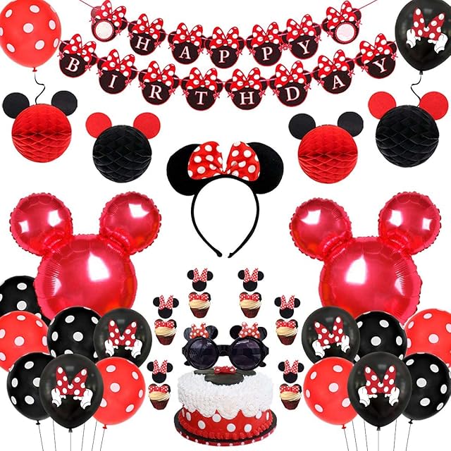 Cartoon Mouse Birthday Party Decorations, Red Black Happy Birthday Banner Headband Honeycomb Balls Glasses for Girls 1st 2nd 3rd Birthday