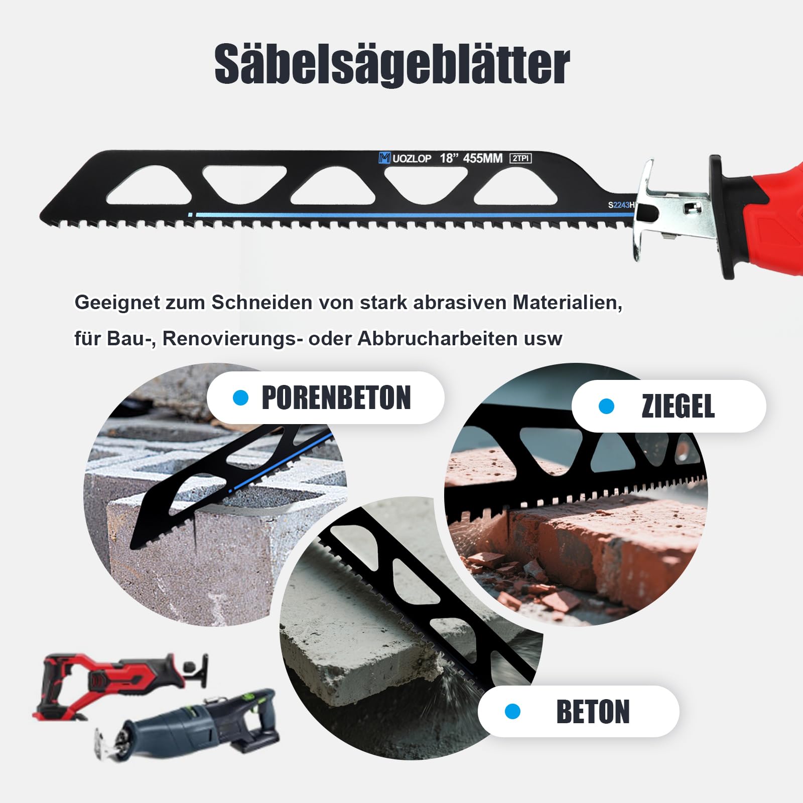 455mm Säbelsägeblätter Stein， 3 Stück säbelsägeblätter hartmetall ，steinsäge，Sägeblätter Säbelsäge für Porenbeton, Metall，Ziegel，Beton (3, 455mm)
