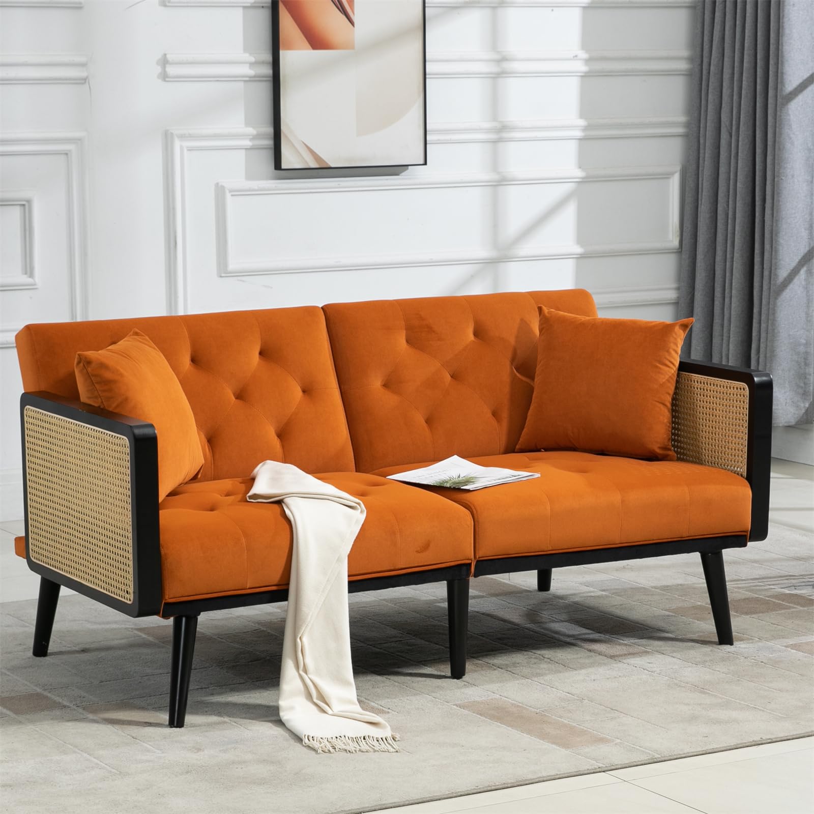 JINS&VICO Mid Century Velvet Loveseat with Pillow,Convertible Futon Sofa Bed, Folding Sofa Couch with Wood Feet for Bedroom, Apartment, Home Office,Weight Capacity 600LBS,Orange