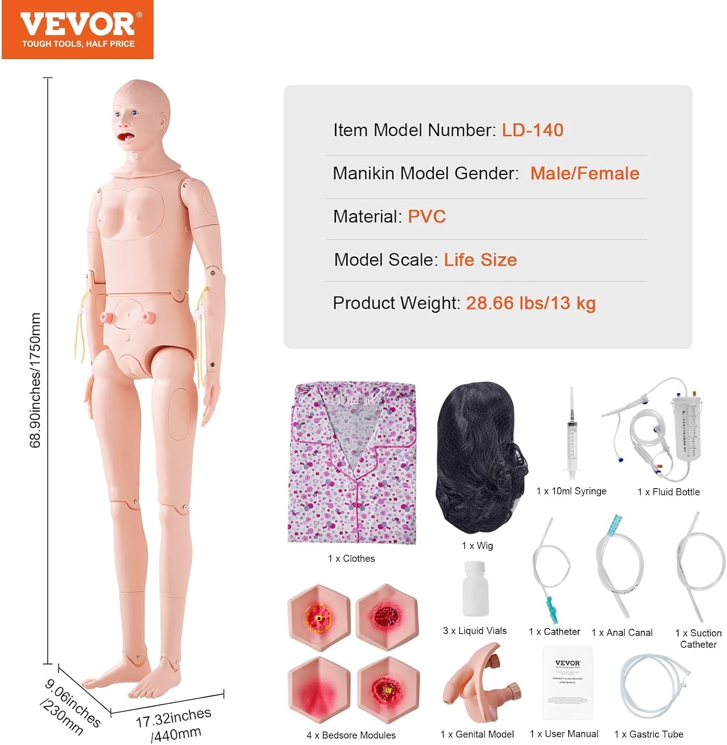 VEVOR Nursing Training Manikin, Male/Female Life Size Demonstration Human Manikin for Nursing Training, Multifunctional Education Teaching Model, PVC Anatomical Mannequin Body Care Simulator Model
