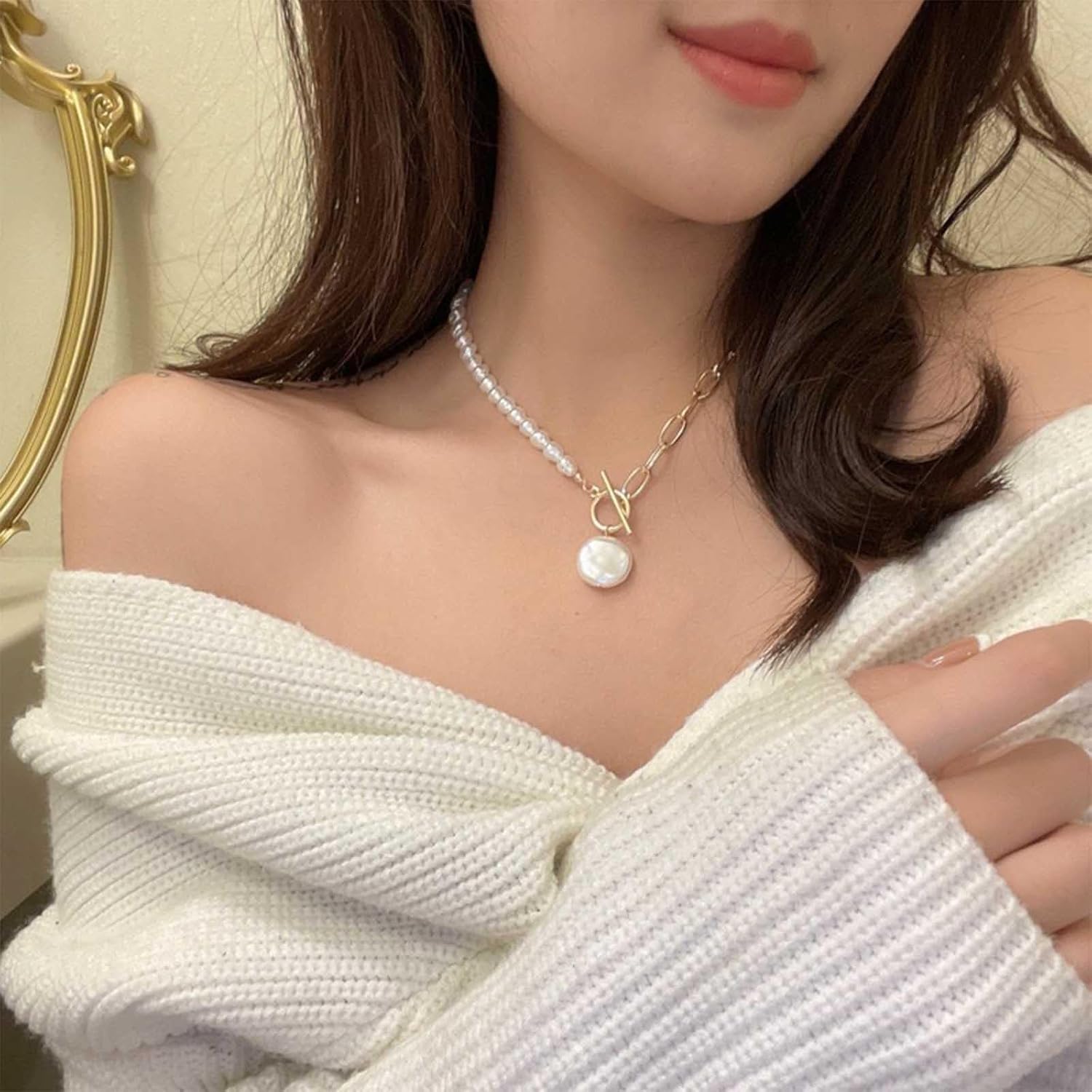 Bohemian Pearl Choker Necklace Gold Baroque Pearl Pendant Necklace Pearl Paperclip Link Chain Necklace Small Pearl Toggle Clasp Collar Necklace Jewelry for Women Gifts - Image 5