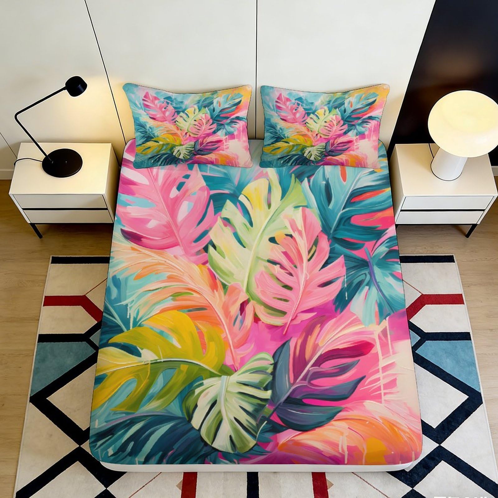 3D Printed Tropical Leaf Fitted Sheet Microfiber Soft Anti-Slip Vibrant Botanical Bed Cover for Bedroom Guest Room Decor 90x200x25cm
