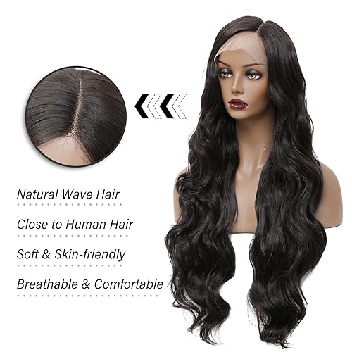 Miniatura 4 de SOKU Peluca de cabello sintético ondulado con encaje frontal de 30 pulgadas, color marrón oscuro, peluca ondulada con encaje suizo transparente,