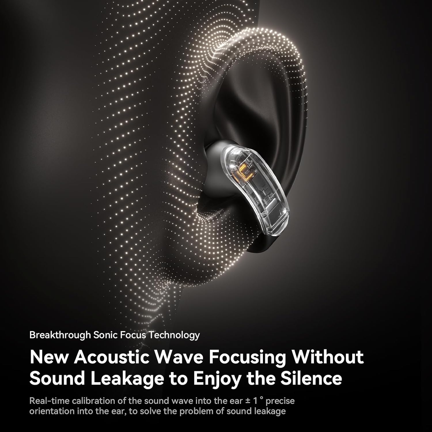 Close-up of an ear with the earphone, showing sound waves being focused into the ear to prevent leakage.