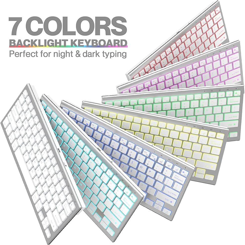 Image displaying the JOMAA backlit keyboard with keys illuminated in seven different colors, demonstrating its suitability for typing in low-light conditions.