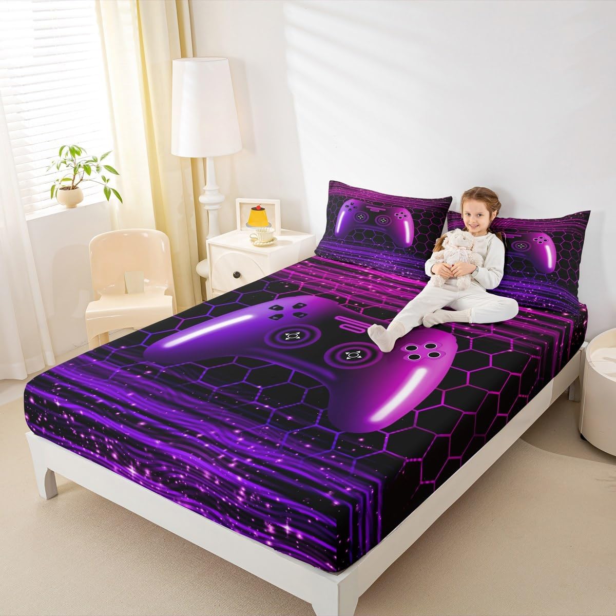 Erosebridal Gaming Twin Size Fitted Sheet for Kids Boys Teen Girls Game Controller Bedding Set Gamer Bed Sheets Dull Purple and Lavender Geometric Honeycomb Hexagon Striped Bed Set,2 Piece