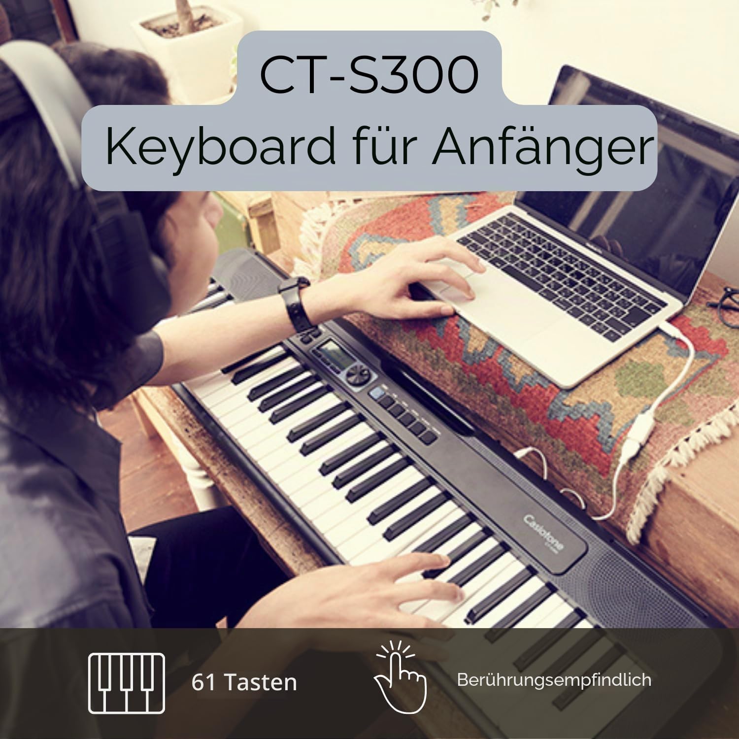 Casio CT-S300AD 61 berührungsempfindliche Tasten, Pitch-Bend Wheel tragbare elektronische Tastatur in Schwarz mit AC-Adapter im Lieferumfang enthalten