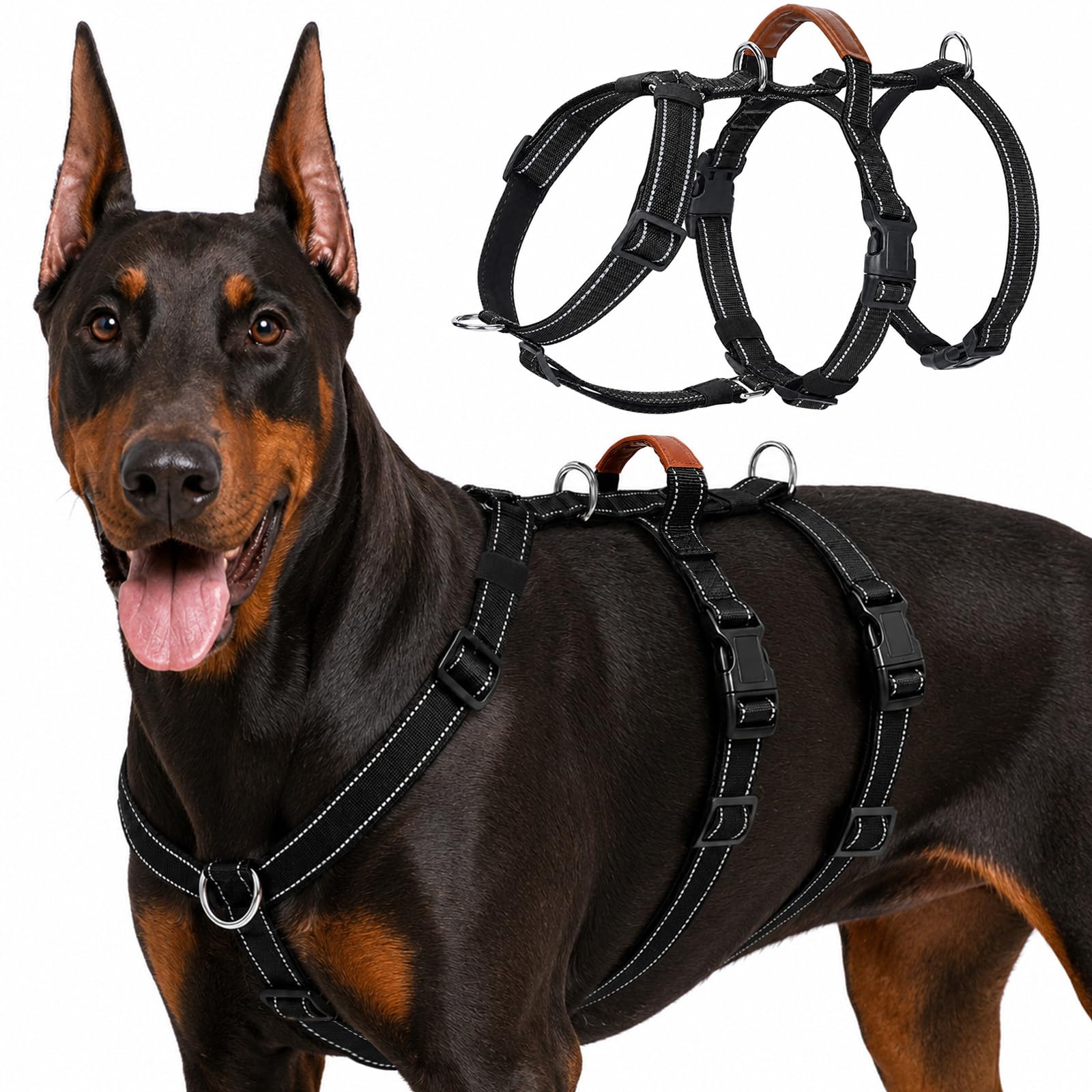 Escape Proof Dog Harness, No Pull No Choke Adjustable Pet Vest, Soft Padded Reflective Dog Harness with Easy Control Handle, Breathable Comfortable Harness for Medium Large Breeds Walking (Black, XL)