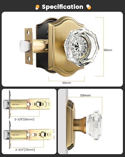 Miniatura 7 de Gobrico Paquete de 5 pomos de puerta de cristal de paso en latón antiguo para pasillo, armario, lavandería, forma octágono transparente, sin llave,