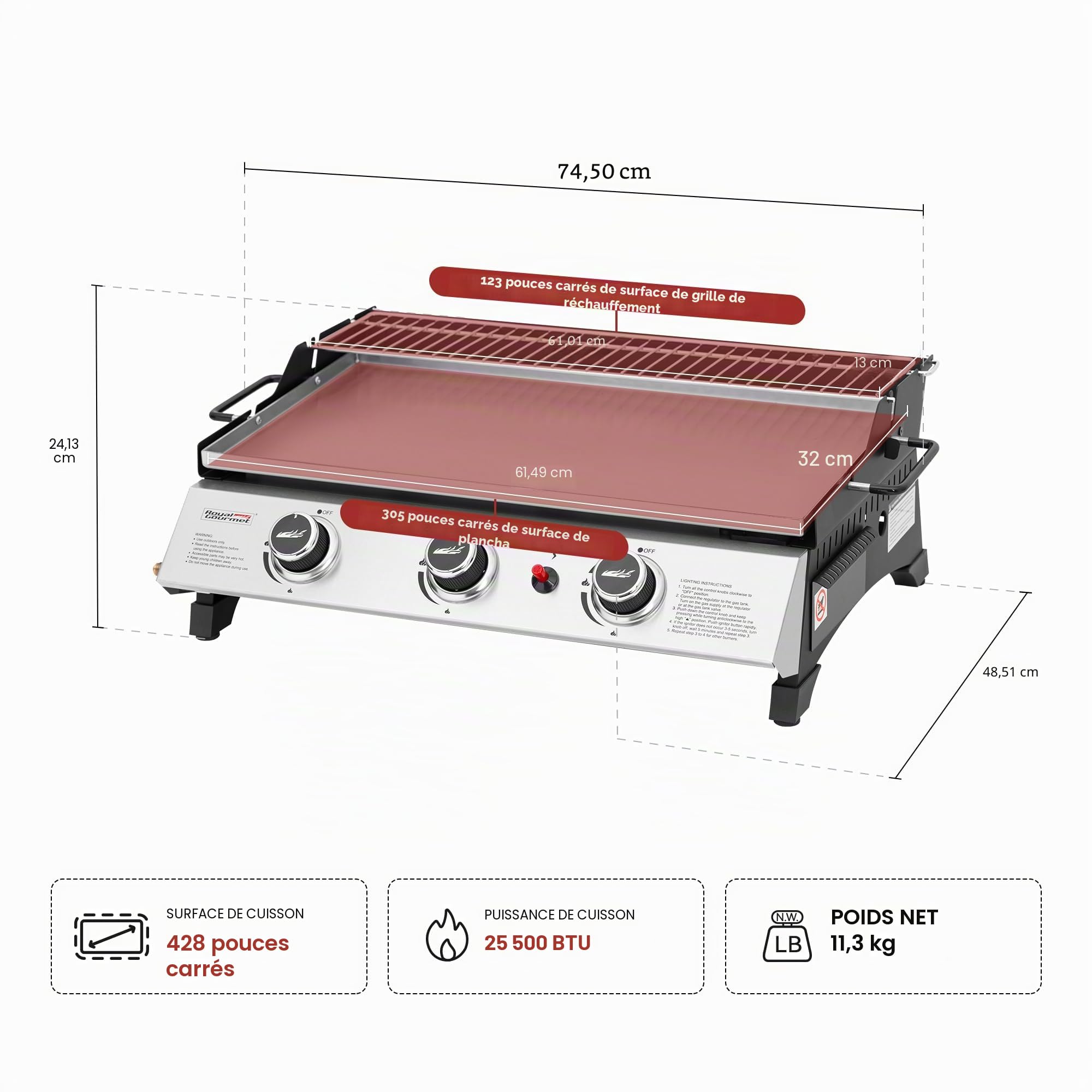 Royal Gourmet PD1303S – Plaque de cuisson à gaz portable de 61 cm avec plaque amovible pour barbecue au propane à 3 brûleurs, idéale pour la cuisine en plein air, comprend une grille chauffante et une