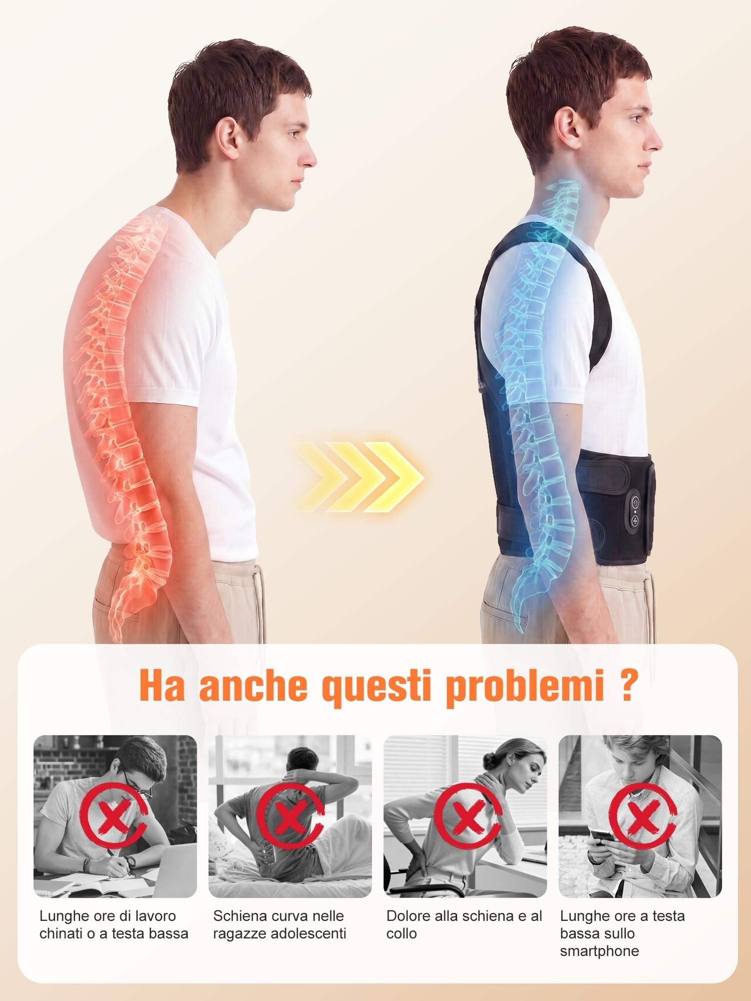 Fascia Posturale Spalle Schiena Uomo Donna - Correttore Posturale Elastico Regolabile con Funzione Luce Rossa LED e Supporto Lombare - Busto Traspirante per Raddrizza Schiena, Migliora la Postura (L)