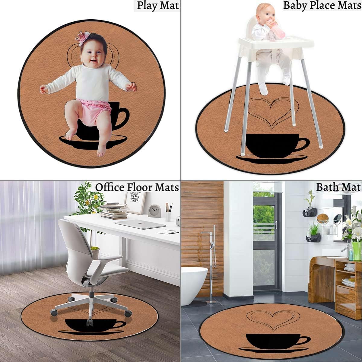 Romantic Round Office Chair Mat for Tile Floors, CoffeeCup Silhouette Love Anti-Slip & Wear-Resistant Multi-Purpose Mat for Rolling Chairs & Computer Desks, Brown Black Diameter 39.4 in