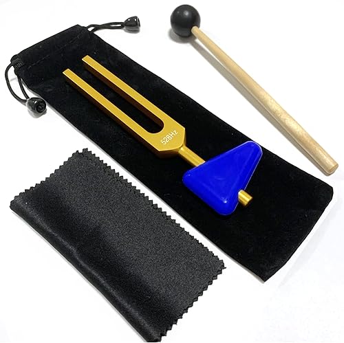 Juego de diapasones de 528 Hz para reparación del ADN, horquillas curativas de sonido curativo con martillo de silicona negro, 5 paquetes dorados