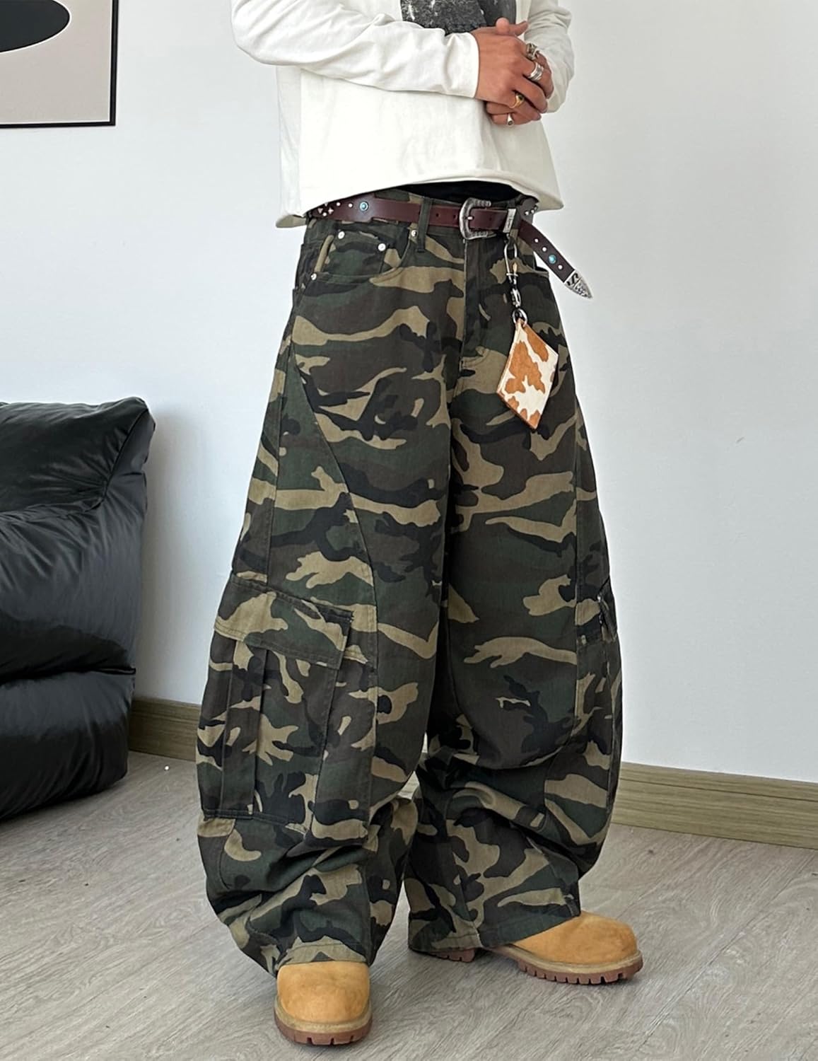 Mens Baggy Jeans Camouflage Loose Cargo Pants Hip Hop Wide Leg Trousers Mid Waist Skater Jeans