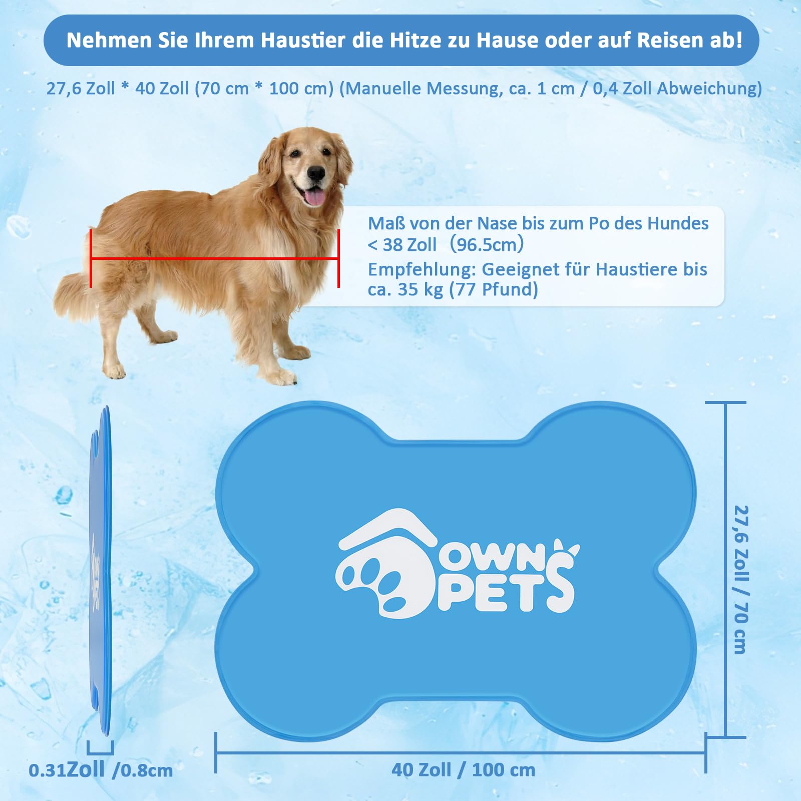 Ownpets Kühlmatte für Hund, Kühldecke Hund, Haustier Kühlkissen, 100x70CM selbstkühlen Hundedecke, Hundekühlmatte, mit Lebensmittelechtes Kühlgel, Kaltgelpad für Katzen und Hunde, Blau