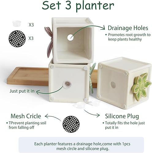 Miniatura 3 de Gnliny Macetas de cerámica para suculentas de 3.1 pulgadas con bandeja de bambú, 3 macetas cuadradas con agujeros de drenaje, diseño de mariposa y