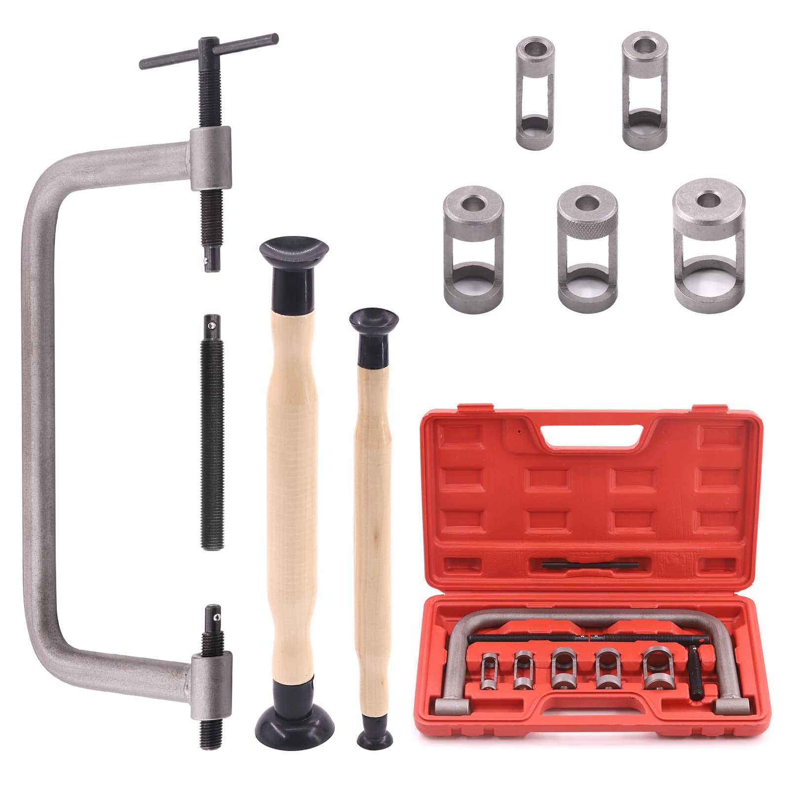Swpeet Kit d'assortiment de 13 outils compresseurs de ressort de soupape, comprenant 5 adaptateurs poussoirs, vis d'extension, ensemble de rodoir de soupape et barre de compression pour moto, voiture