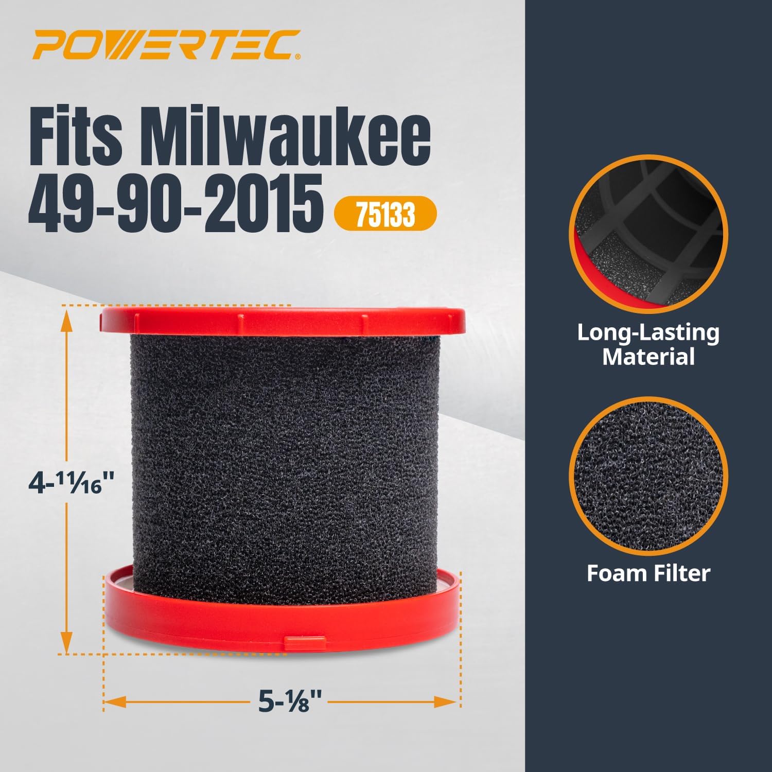 POWERTEC 49-90-2015 Foam Wet Filter for Milwaukee M18 0880-20, 0970-20 & M12 0960-20, 0960-21 Cordless Vacuum 2 Pack, Filter Replacement for Milwaukee Wet/Dry Vacuums (75133) image 2