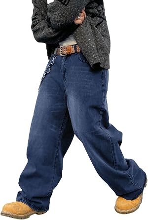 DFGIGT Mens Baggy Hip Hop Jeans Wide Leg Skater Denim Pants Casual Loose Fit Long Trousers Streetwear