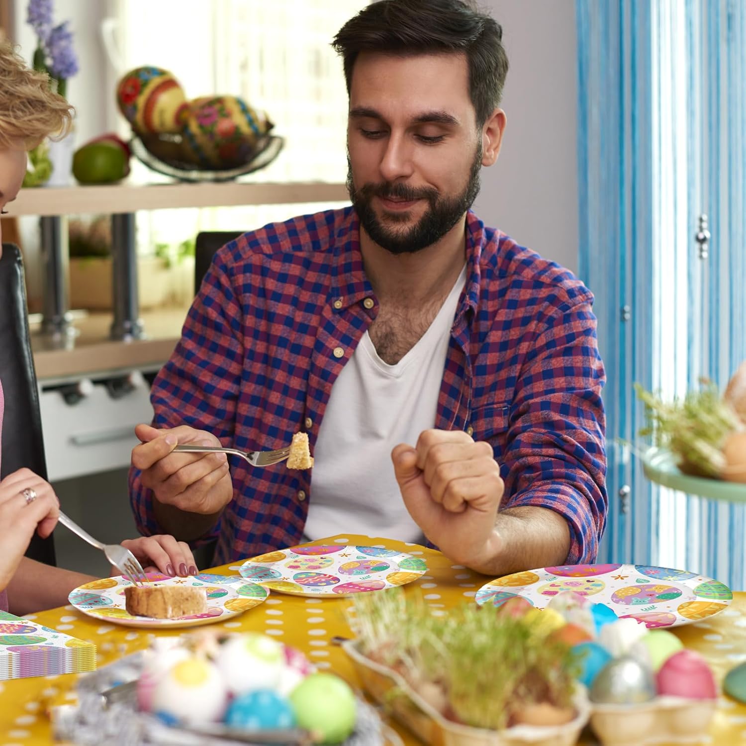 96Pcs Easter Decorations Egg Paper Plates and Napkins Easter Day Party Supplies Eggs Plates Spring Birthday Party Holiday Celebration Disposable Eggs Dinnerware, Serves 24 Guest