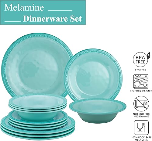 Miniatura 4 de UP ware - Juego de vajilla de melamina con cuentas de 12 piezas, juego de platos para exteriores, juegos de platos y cuencos, servicio para 4, azul