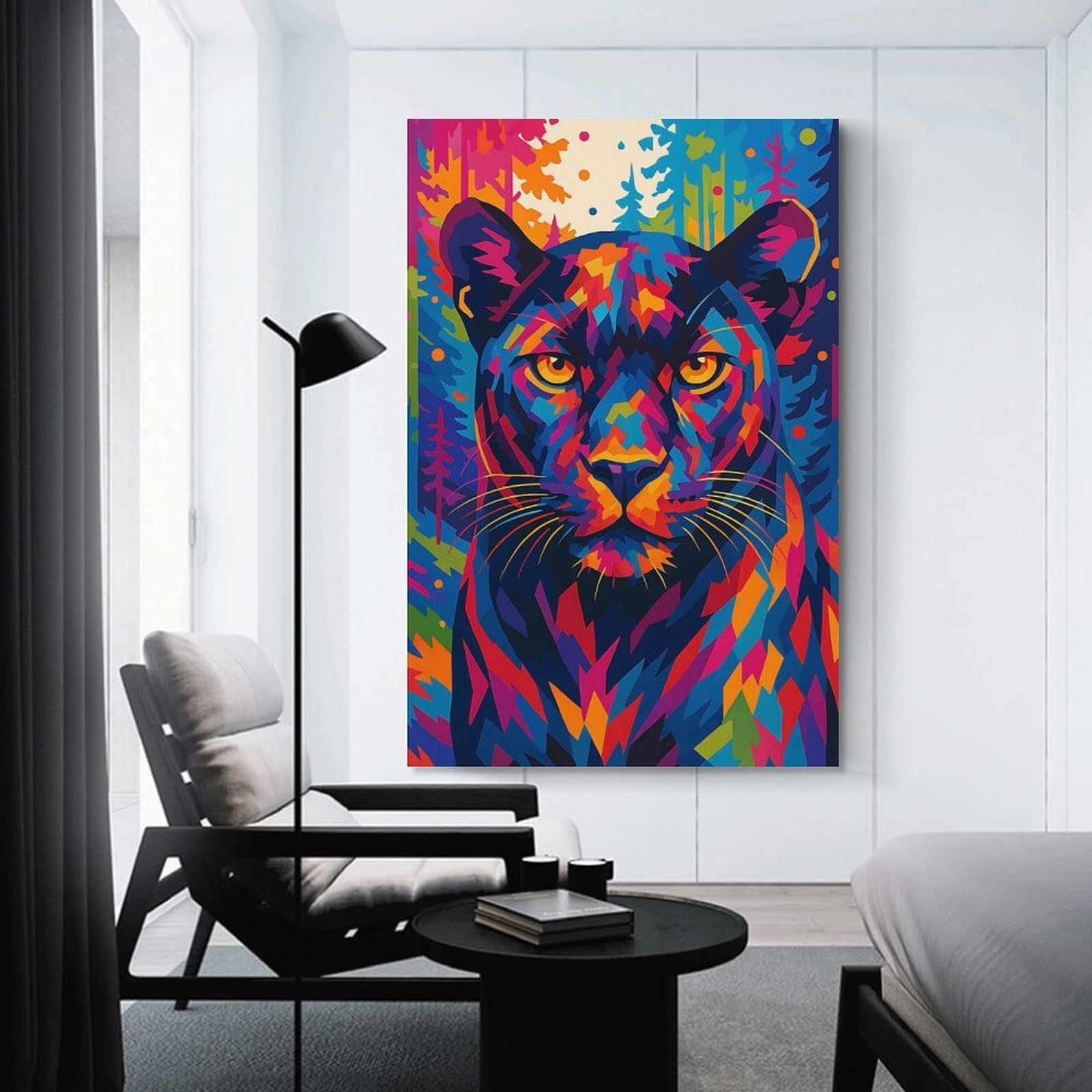 Junmoney Colorful Panther Portrait in Forest Hanging Wall Art, 20x30inch(50x75cm), for Living Room, Bedroom, Office Or Hallway, Decorative Artwork with Broad Appeal