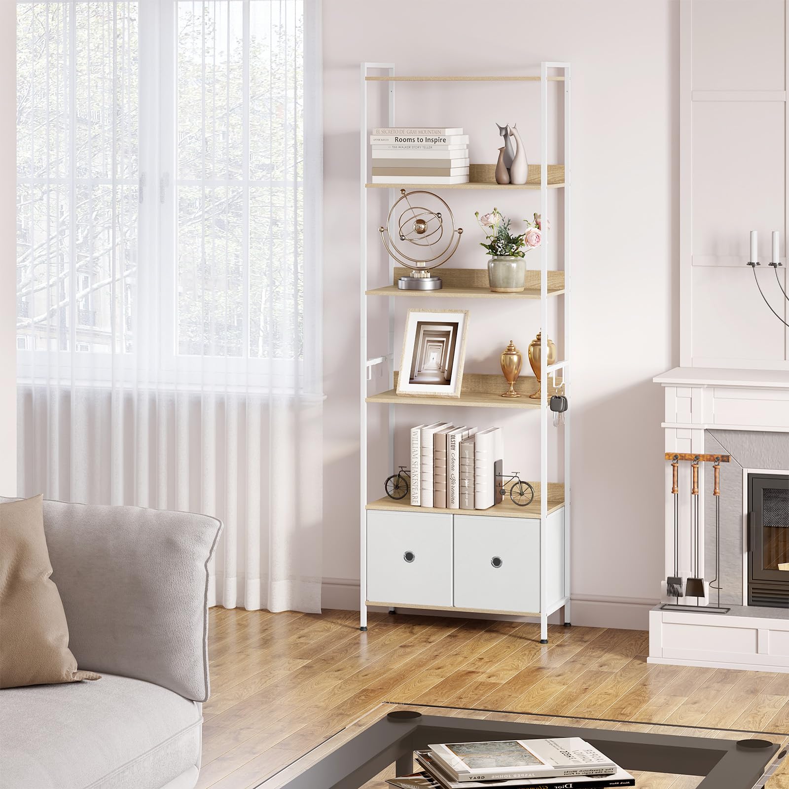 WOLTU Libreria a 5 Piani con 2 Cassetti, Scaffale di Stoccaggio a Pavimento, Moderno, Struttura in Acciaio, Soggiorno/Ufficio/Studio/Cucina/Camera da Letto, Rovere Chiaro+Bianco, RGB62whe