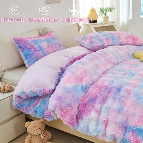 Miniatura 10 de SUCSES Faux Fur Duvet Cover Set Twin Size, Tie Dye Rainbow Plush Shaggy Girls Bedding Set, Soft Velvet Fluffy Fuzzy Ombre Comforter Cover Set