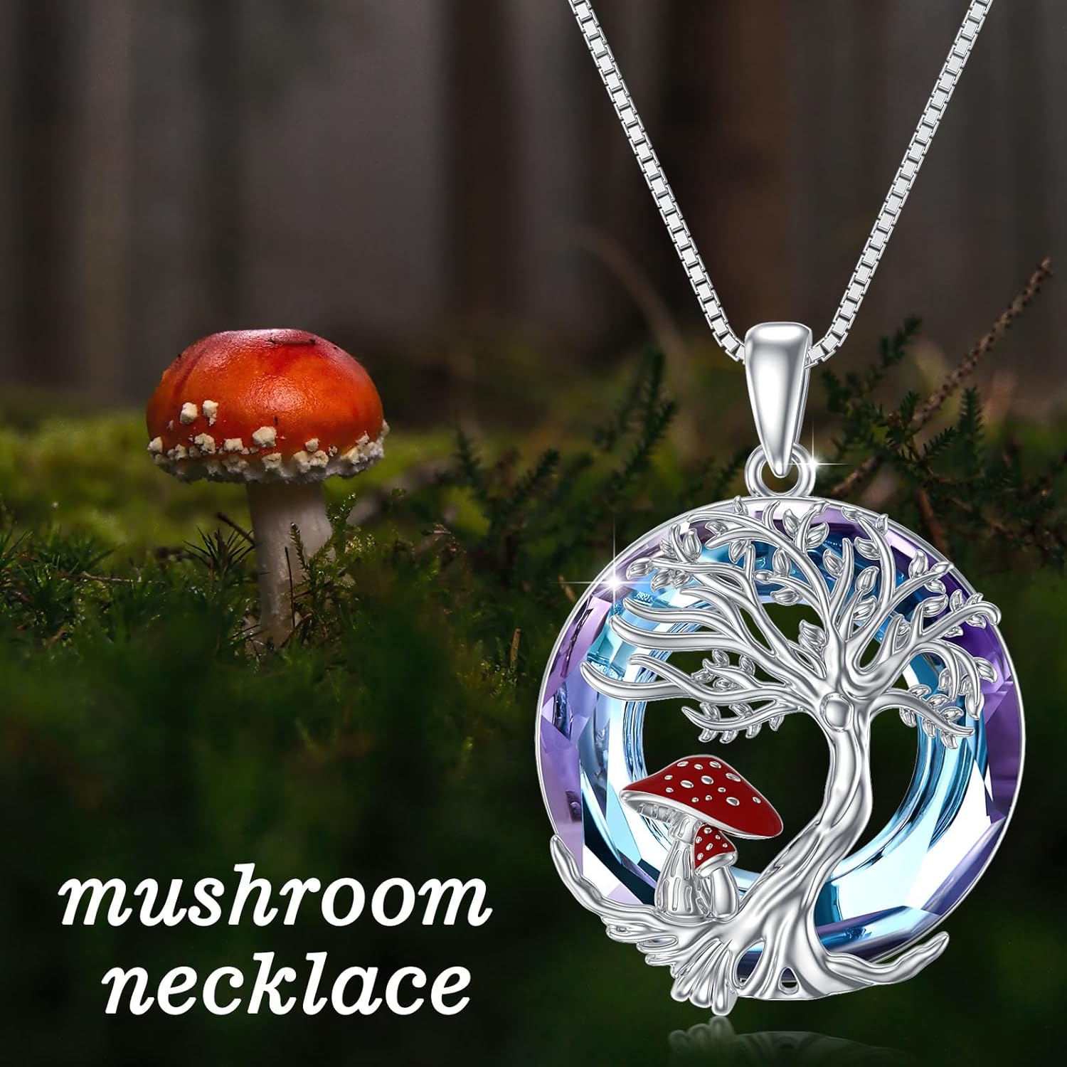 Tree of Life Mushroom Necklace 925 Sterling Silver Tree of Life Animal Crystal Pendant Necklace Birthday Christmas Jewelry Gifts for Women - Image 6