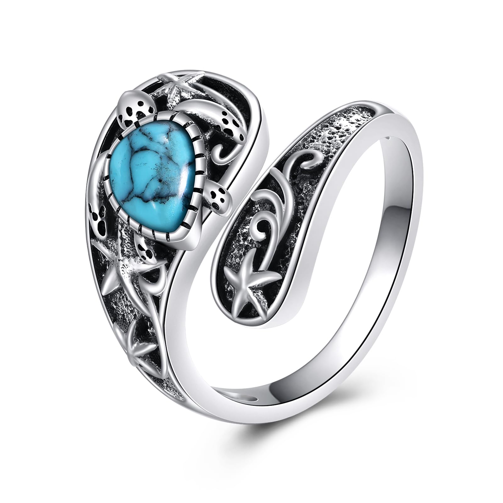 YFN Anello a forma di tartaruga del mare, in argento Sterling 925, con tartaruga turchese, regolabile, vintage, cucchiaio, anello per le donne del mare, Argento sterling, Nessuna pietra preziosa