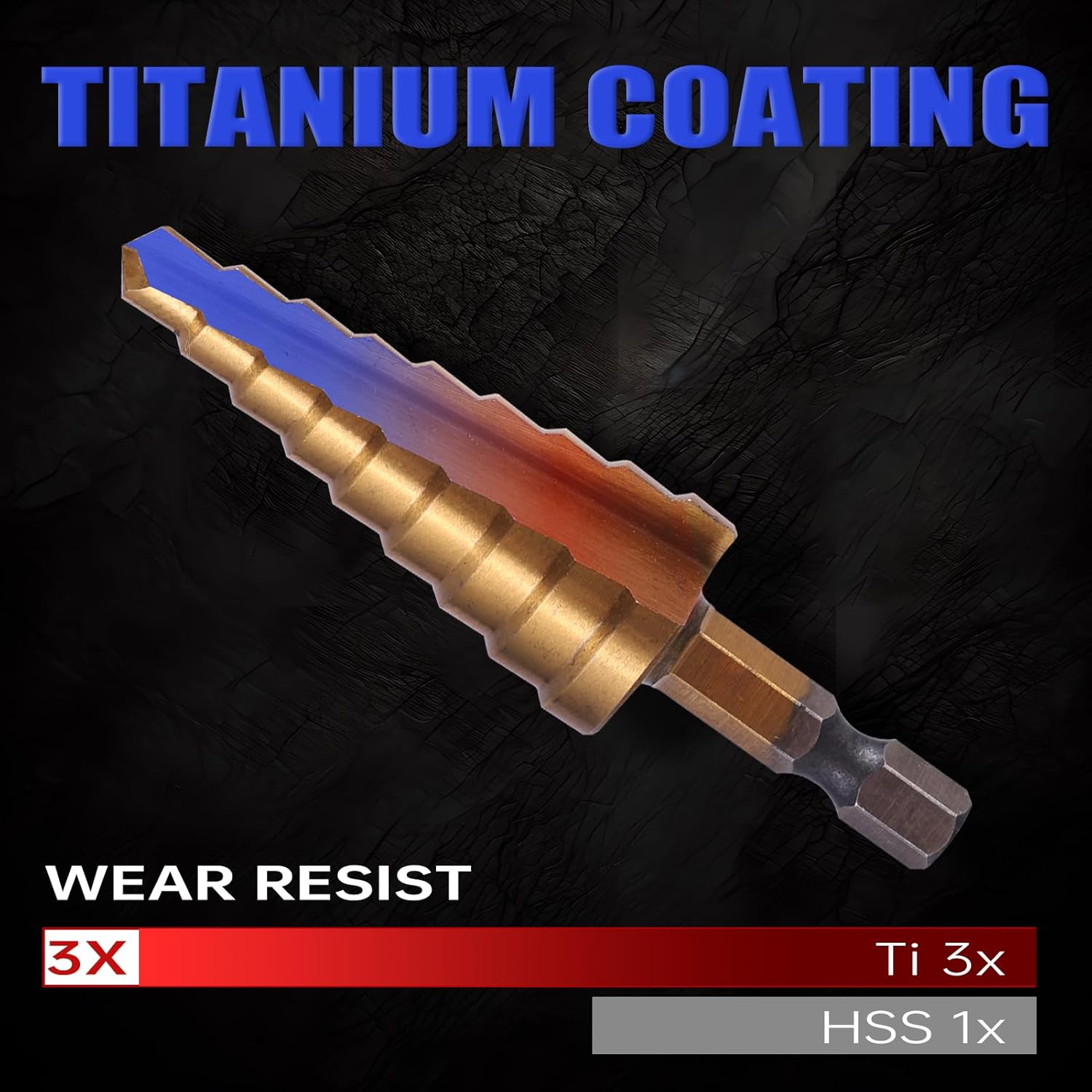 5Pcs Step Drill Bit & 5Pcs Countersink Drill Bit Set, Titanium Coated, HSS Step Bit, 50 Sizes of Step Bit for Metal with Aluminum Case, Multiple Hole Stepped Up Bits for DIY