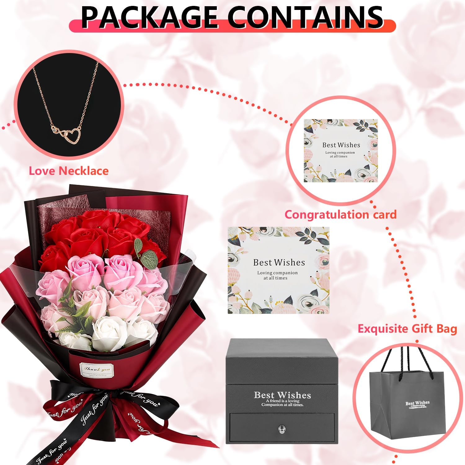 Rose Bouquet Rosas Eternas Preserved Rose Bouquet 18 Flower Bouquet with Beautiful Love Necklace, Unique Gift for Birthday, Valentine's Day, Mother's Day, Thanksgiving, Christmas, Anniversary - Image 2