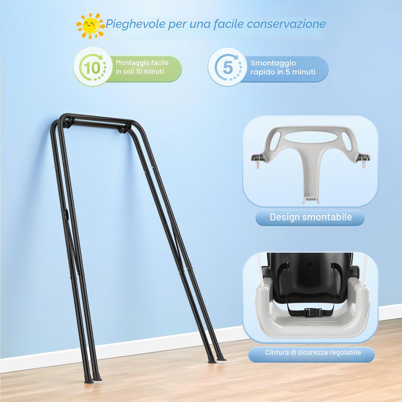 4-in-1altalena da giardino per bambini, Altalene Saltare Su per Bambini per Giochi, Supporto Metallo Pieghevole, Sedili Rimovibili Alta Qualità, 18 Mesi-6 Anni