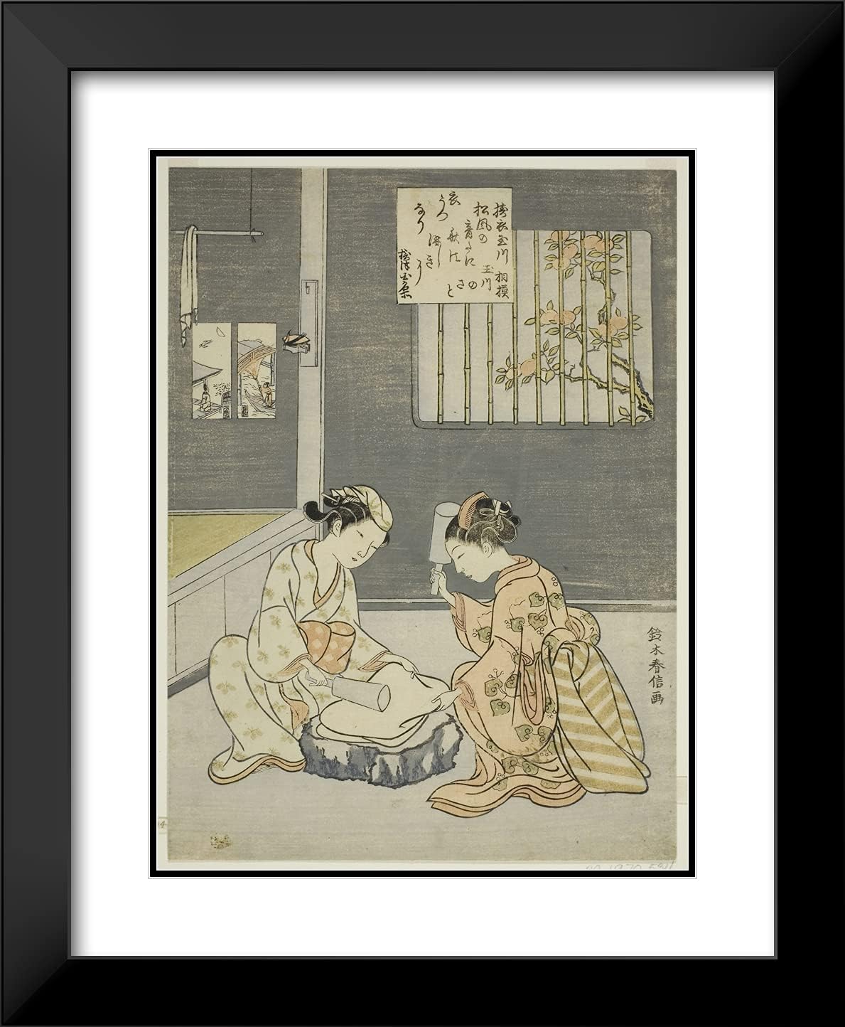 ArtDirect Suzuki Harunobu 20x24 Black Modern Framed and Double Matted Art Print Titled Cloth-fulling Jewel River, from an Untitled Series of Six Jewel Rivers
