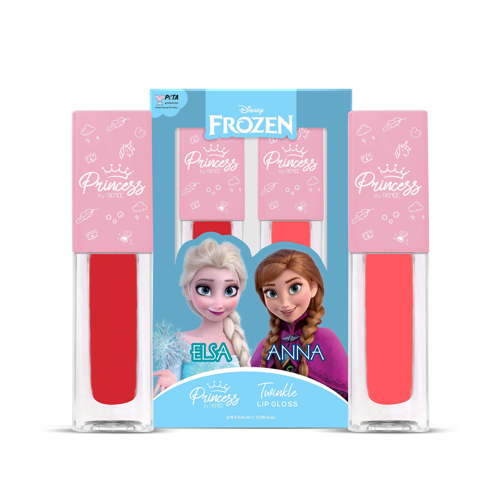 Disney Frozen Princess By RENEE Twinkle Lip Gloss Elsa & Anna Pack Of 2 (1.8 Ml x 2) For Pre Teen Girls - Enriched With Jojoba Oil & Shea Butter, Lightweight, Glossy, Non-Sticky Formula