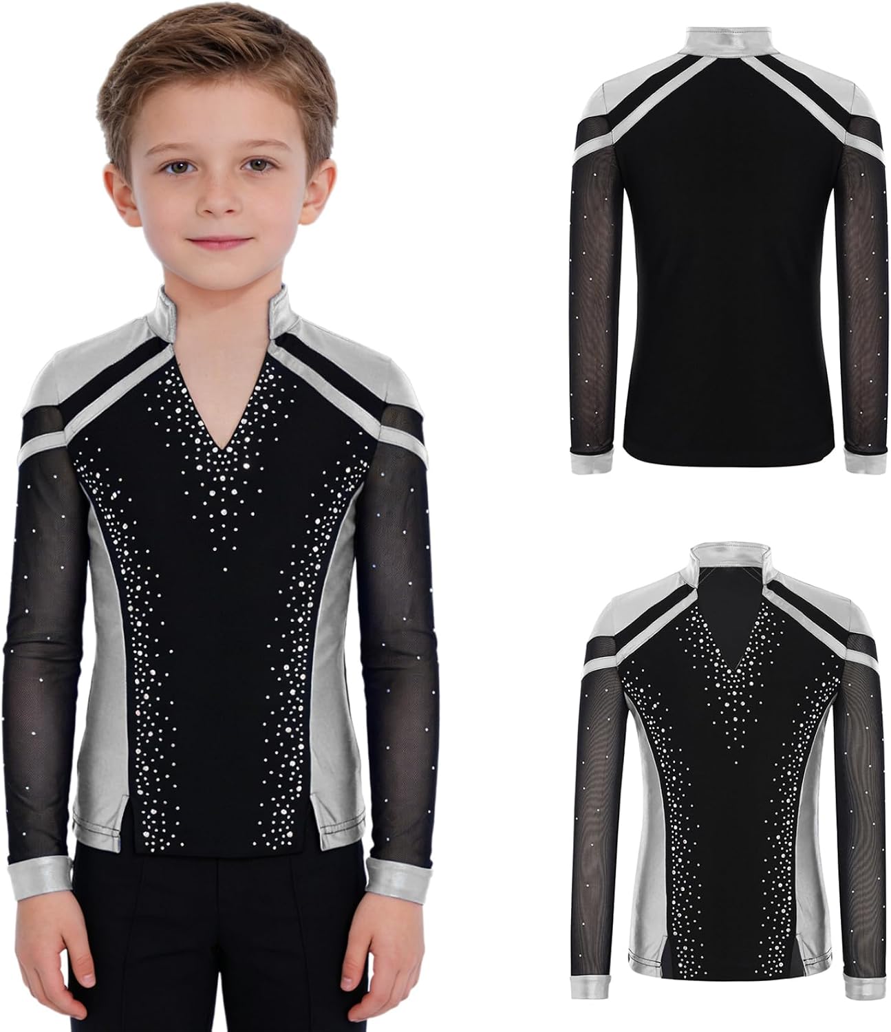 Kids Boys Shiny Rhinestone Long Sleeve Figure Ice Skating Shirt Latin Jazz Dance Tee Shirts Top for Competition