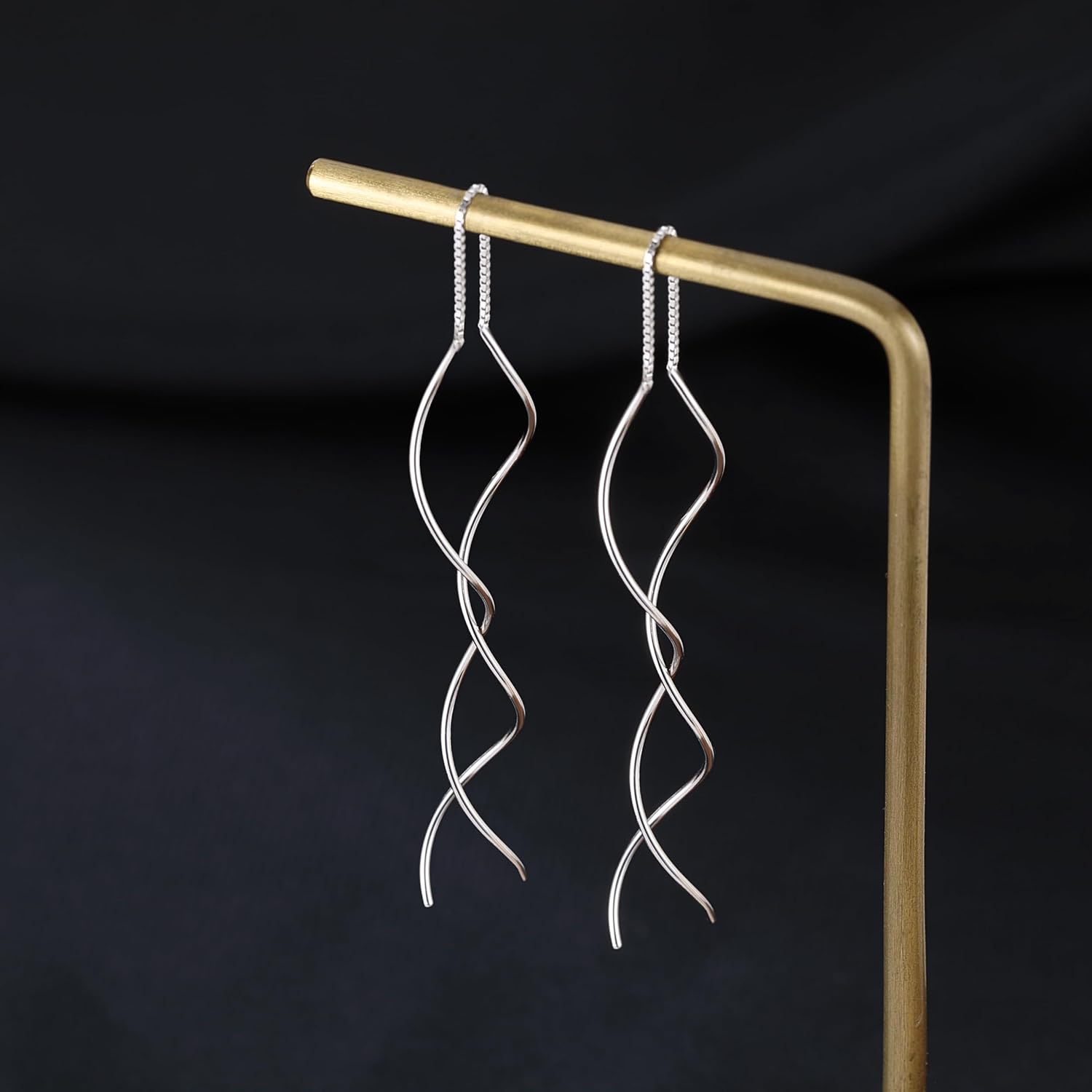 Reffeer Solid 925 Sterling Silver Double Linear Curved Tassel Earrings Threader Drop Dangle Earrings for Women Teens - Image 6