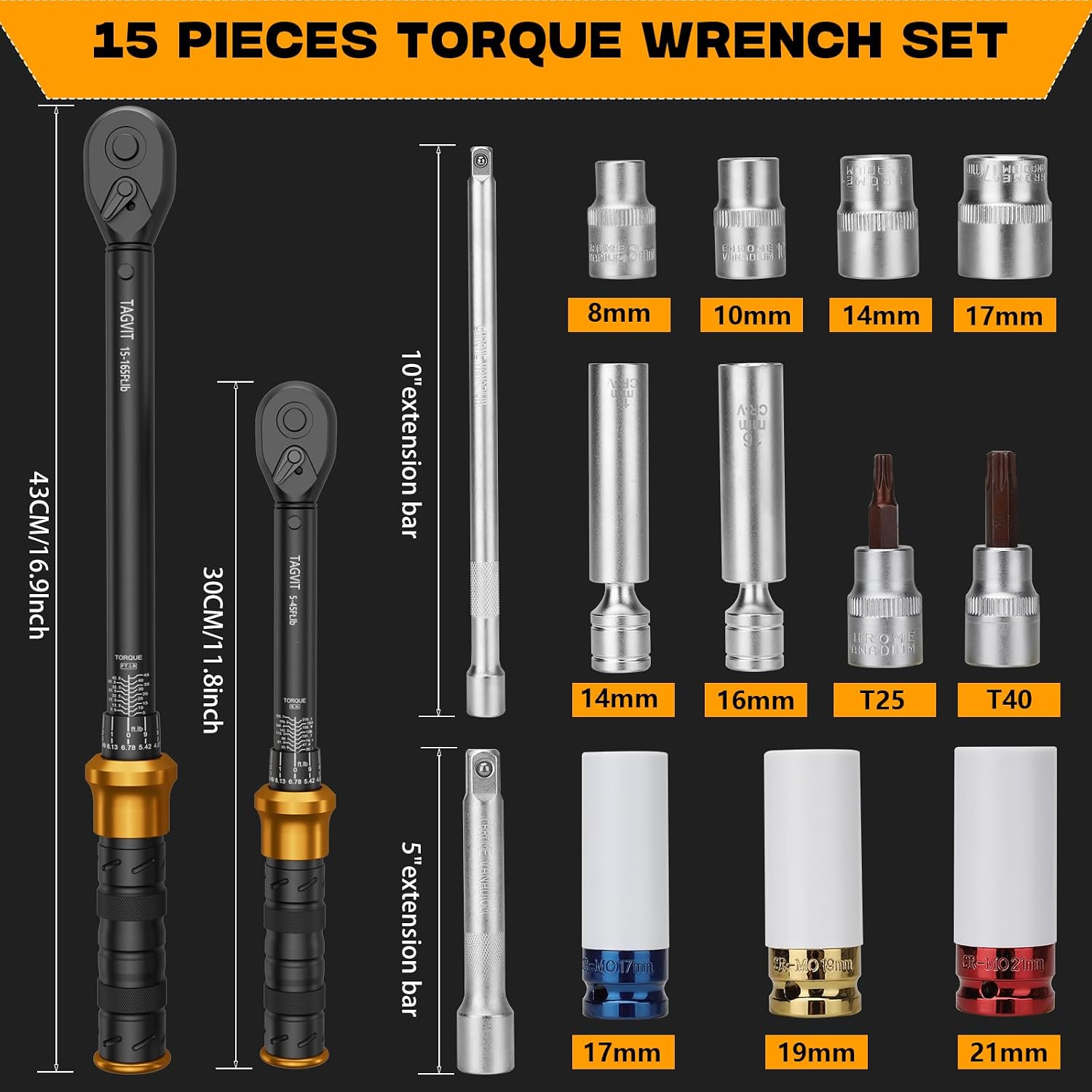 1/2 3/8 -inch Drive Click Torque Wrench, 5-45Ft.lb, 15-165Ft.lb 15Pcs Torque Wrench Set with 10"/5" Extension Bar, 8/10/14/17/17/19/21mm Sockets, 14/16mm Swivel Spark Plug Socket, T25/T40 Torx