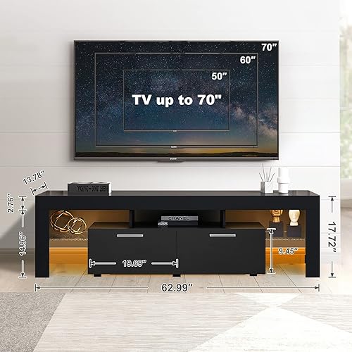 Miniatura 2 de Soporte de TV LED para televisores de hasta 70 pulgadas, centro de entretenimiento de alto brillo de mediados de siglo con armarios de Negro