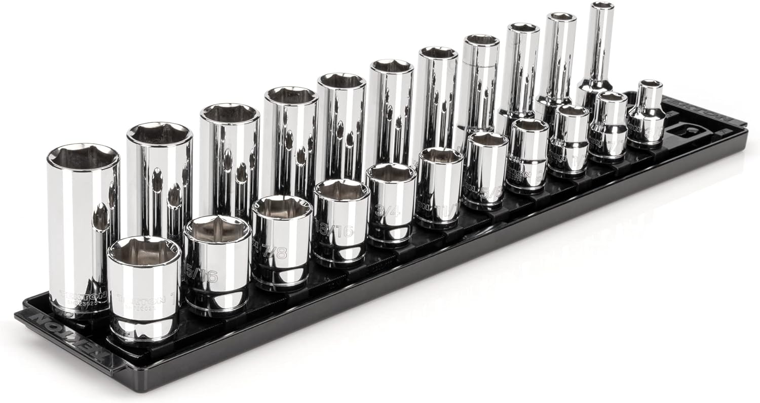 TEKTON 1/2 Inch Drive Shallow and Deep 6-Point Socket Set with Rails and Tray, 30-Piece (10-24 mm) | SHD92211