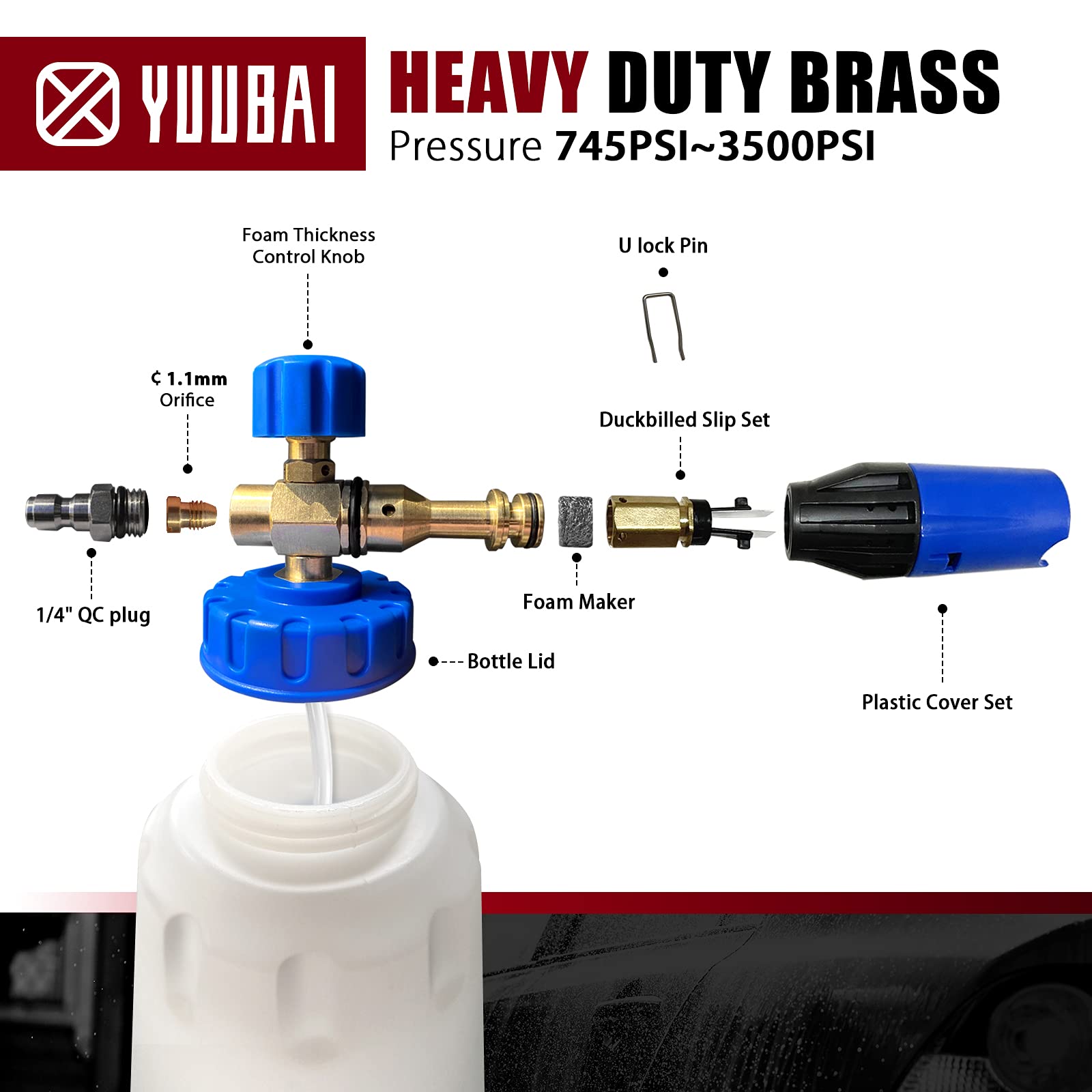 YUUBAI Foam Cannon with1/4 Quick Connector, 360°Adjustable, 1L, 3600PSI, 5 Multiple Degrees Pressure Washer Tips, Spare 1.1mm Orifice 1pcs and Foam Maker mesh 2pcs